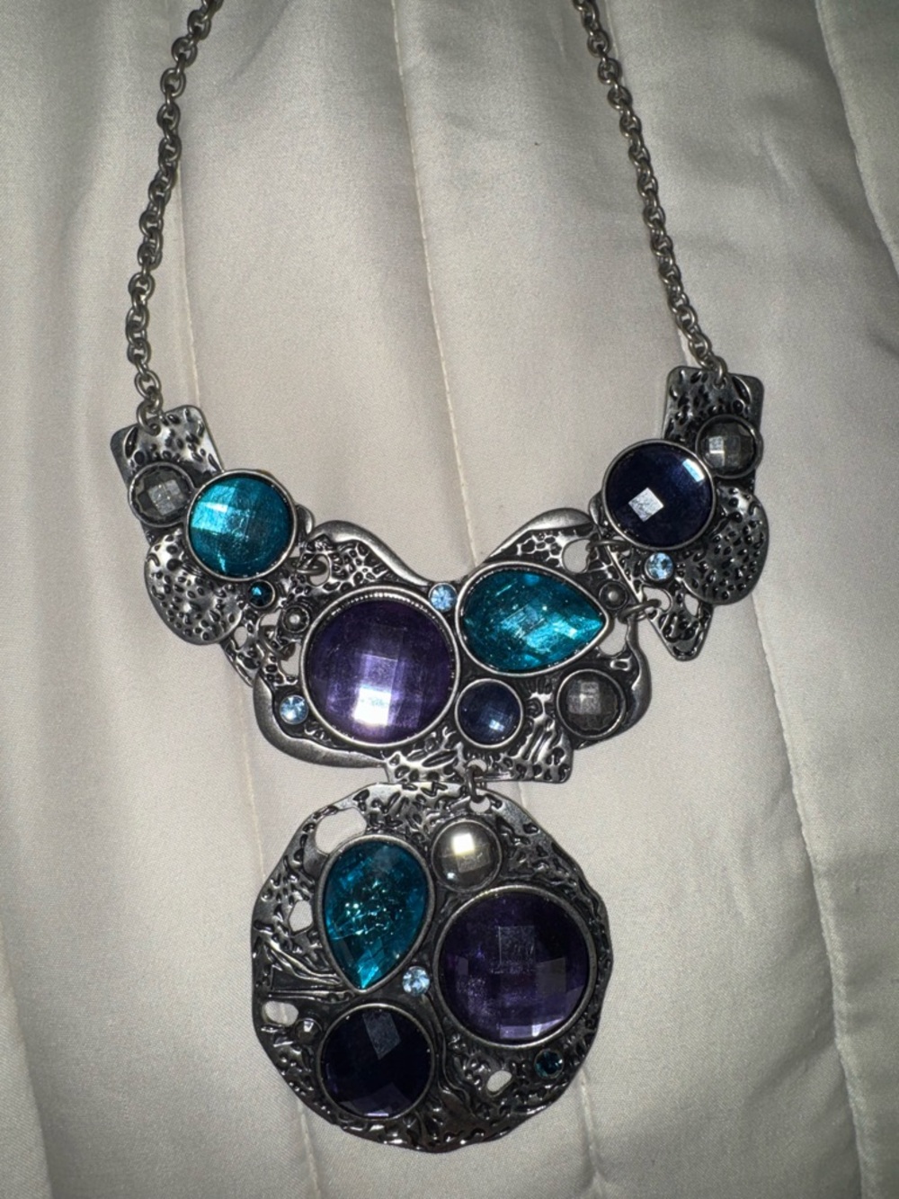 Statement Necklace Silver Tone Blue Purple Gemstones Chunky Bib